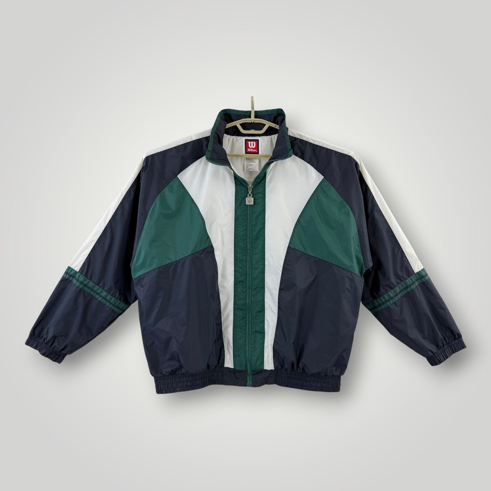VTG Wilson Windbreaker Track Jacket Mens Large Navy Green White Colorblock Track